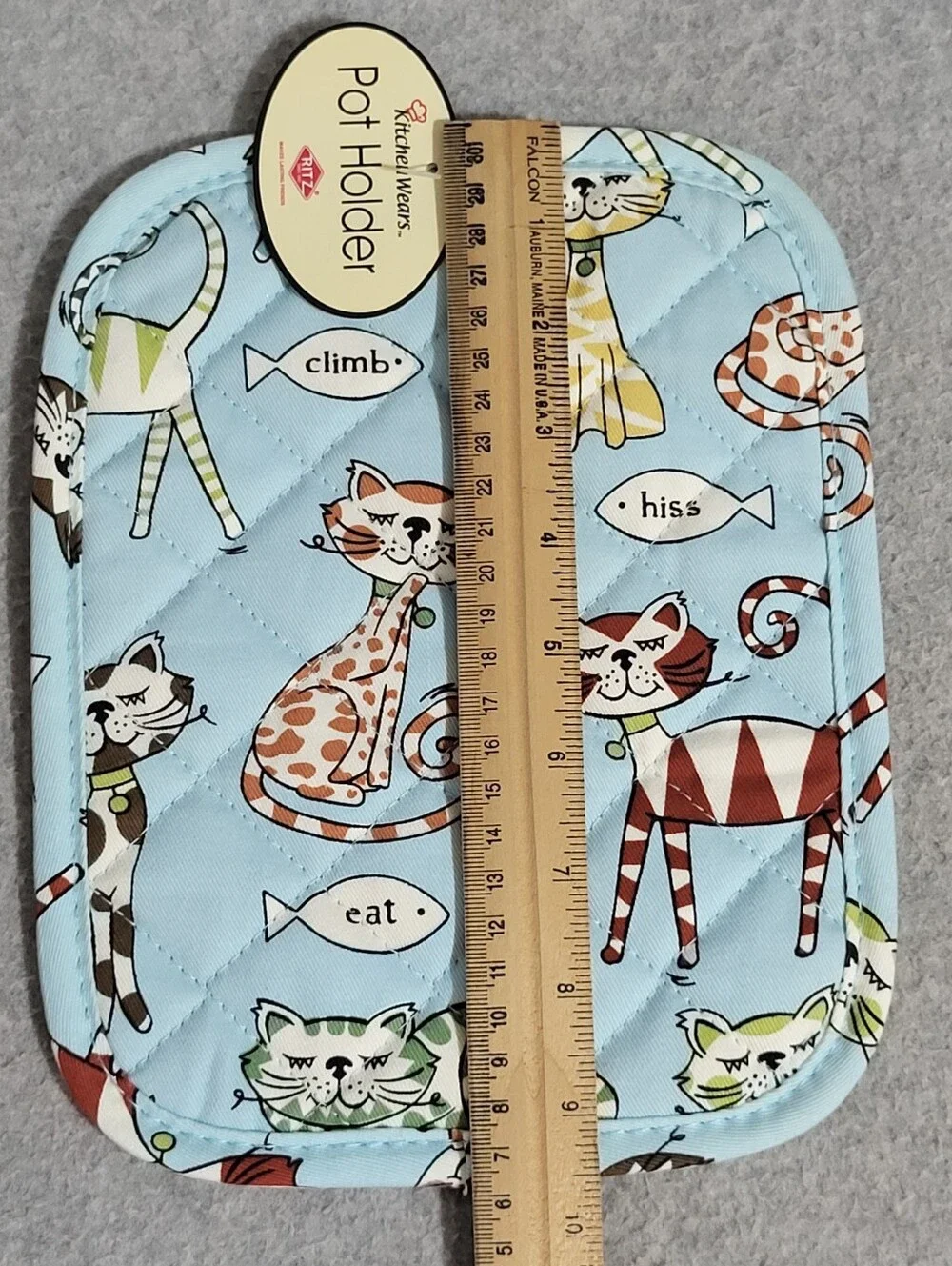 Ritz Kitchen Wears Retro Cats Set 2 Potholders Hot Pads Blue Quilted Kitsch MCM